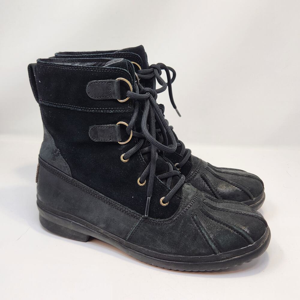 Ugg Azaria Black Leather Waterproof Duck Boots Women Size 9.5 Ankle Lace Up